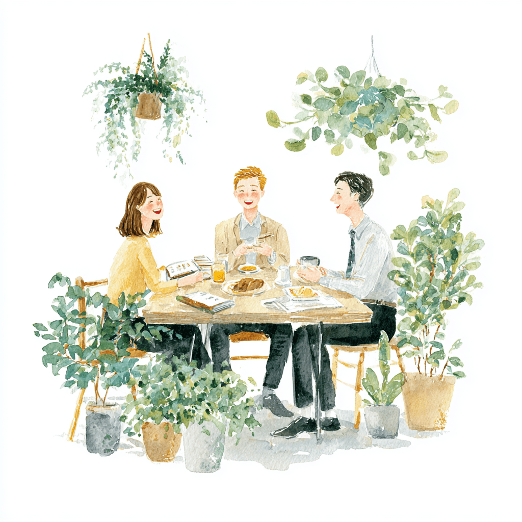 社内コミュニケーションが活発化する朝食シーン — 同僚と笑顔で食卓を囲む社員